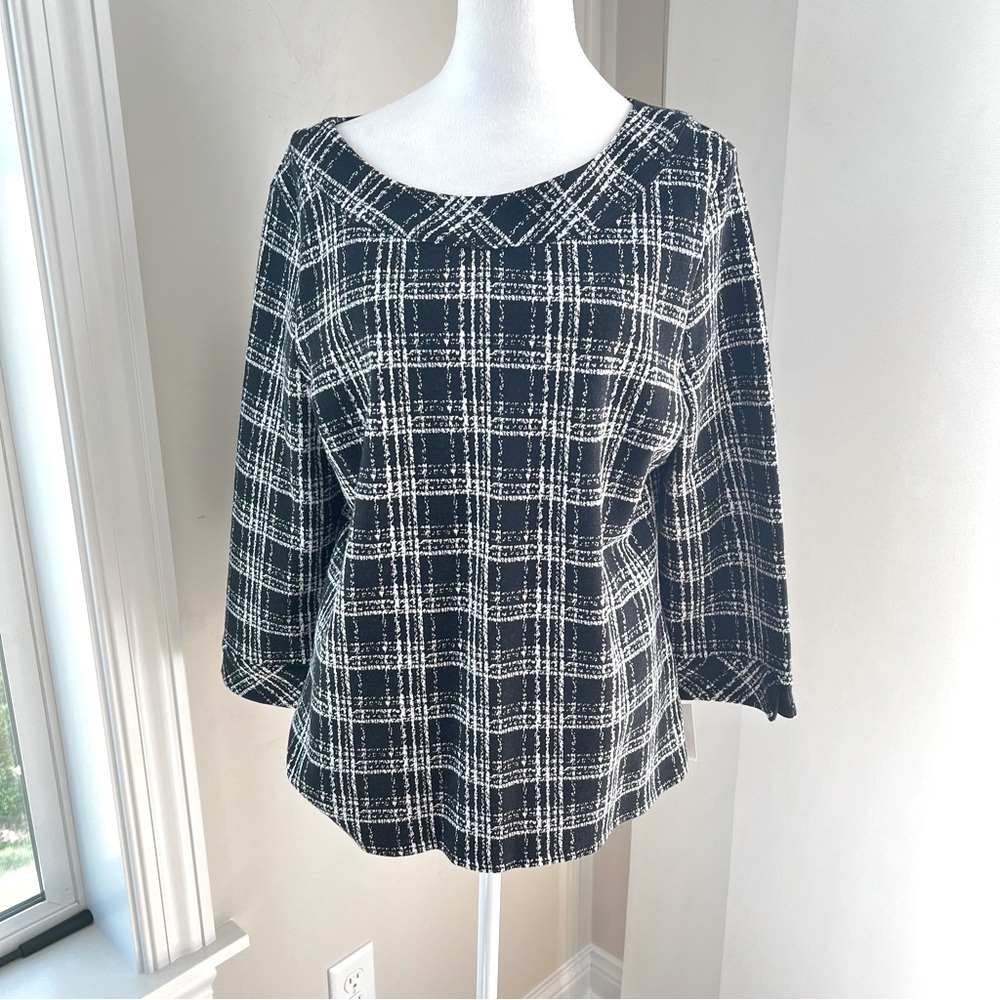 Talbots NWT retro plaid knit black N white top Size L